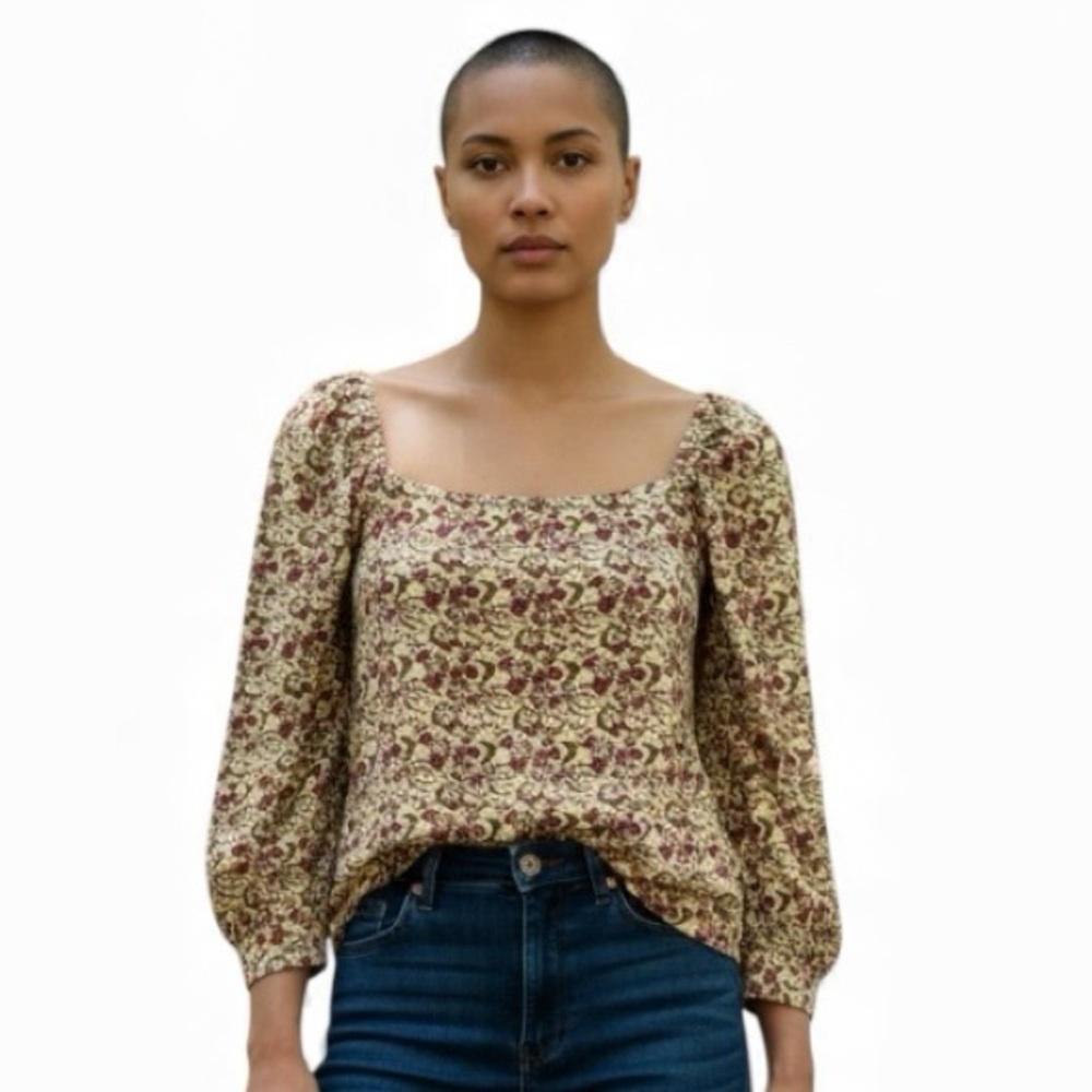 NWOT Nation LTD Pima Cotton Floral Square Neck Puff Sleeve‎ Top Medium
